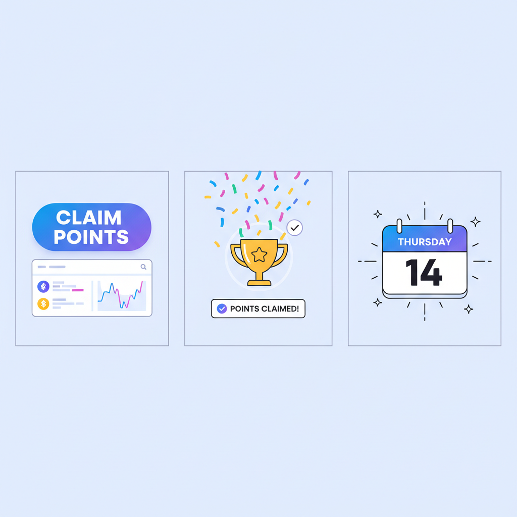 Claiming points button on DEX, confetti rewards Thursday calendar