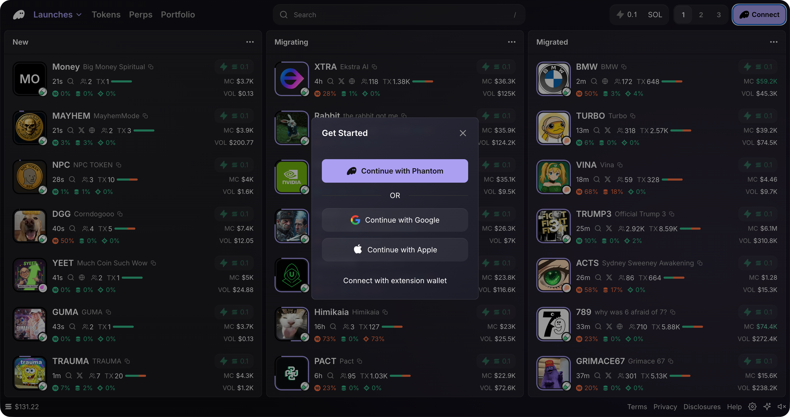 Screenshot of Phantom wallet interface showing MSTR and AMD equity perpetual futures trading screens with leverage options, fees, and liquidity details