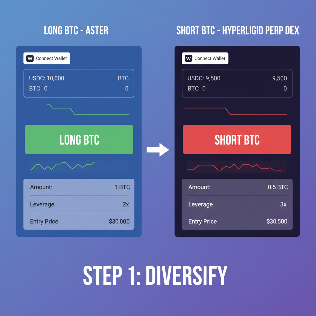 split screen wallets trading long BTC Aster short BTC Hyperliquid perp DEX interfaces